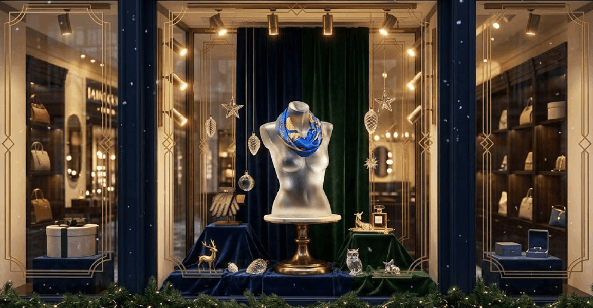 Carré de soie présenté en vitrine pour Noël – Lorenza Di Filippo